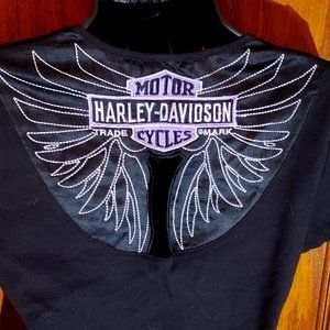 Harley Davidson Trade Mark Sz M Black and Purple Satin Back Embroidered Wings